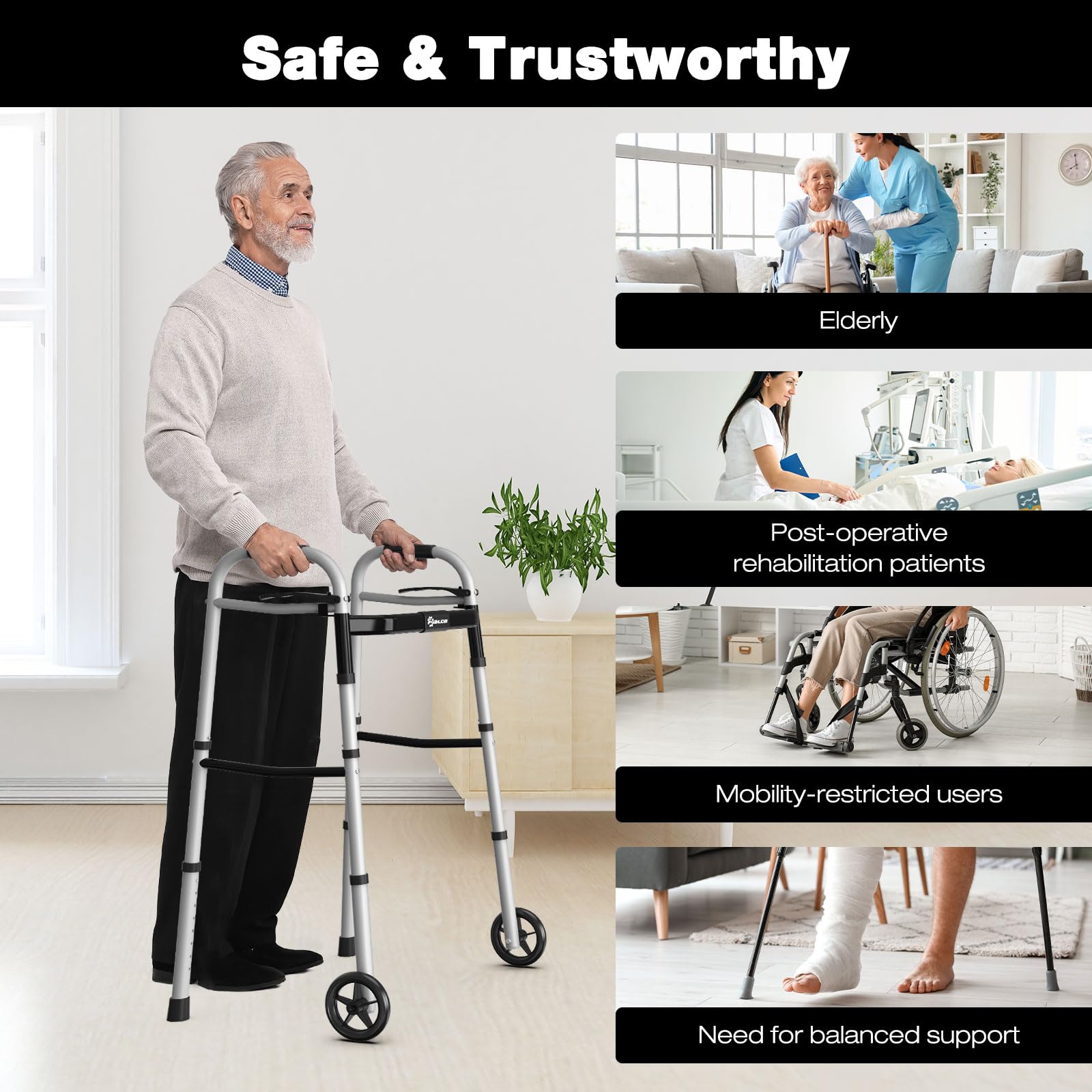Narrow Folding Walkers for Seniors,Aluminum Lightweight Walkers with Wheels, Adjustable Width and Height Front Wheel Walker for Elderly and Disabled, Supports up to 350 lbs