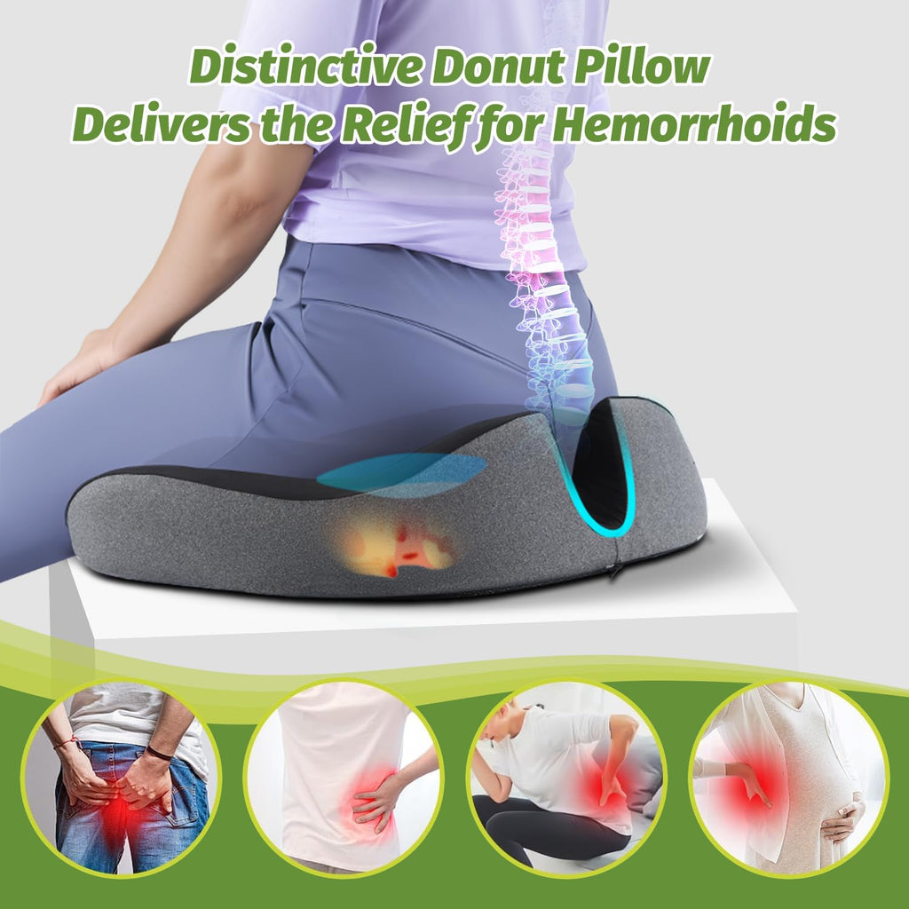 anzhixiu Concave U Surface Donut Pillow for Tailbone Pain Cradle Tailbone Reducing Pressure on Pelvis- Hemorrhoid Pillow for Office, Car, Home Seat- Black/Gray