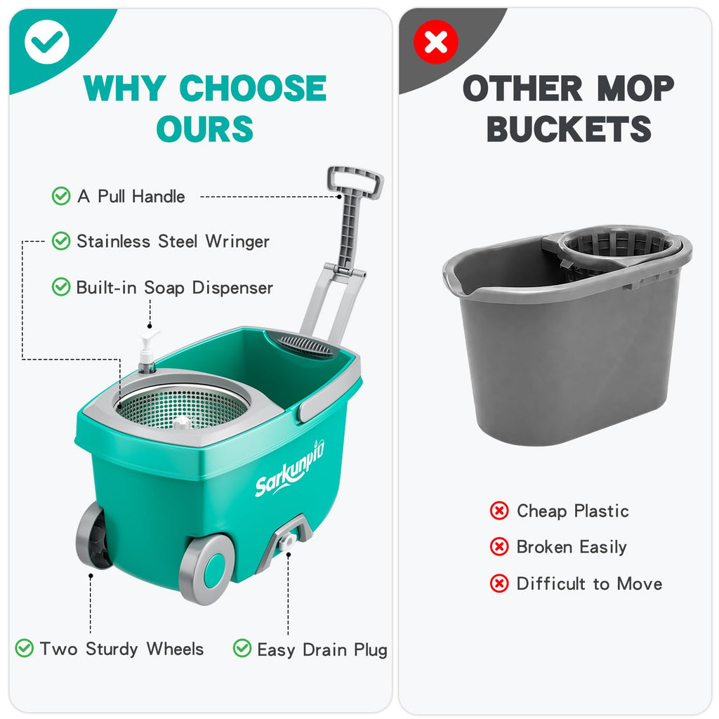 Sarkunpio Mop and Bucket Set with Wringer, Spin Mop Floor Cleaning System with 6 Replacement Microfiber Heads & 61" Extra-Long Handle for Home Floor, Blue
