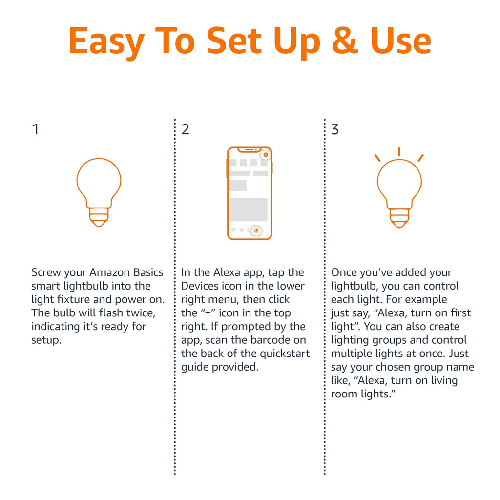 Amazon Basics Smart A19 LED Light Bulb, Dimmable Soft White (2700K), 9W (60W Equivalent), 800LM, Energy Efficient, Works with Alexa Only, 2.4 GHz Wi-Fi, No Hub Required, 4-Pack