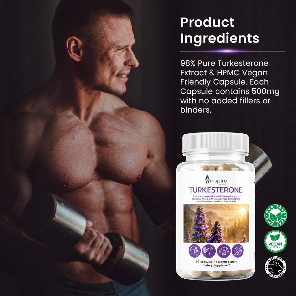 Turkesterone Capsules Pure 500mg Natural Ajuga Turkestanica Extract Ecydysterone- Increase Lean Muscle Growth & Recovery, Drive & Stamina - Non GMO - 60 V Capsules