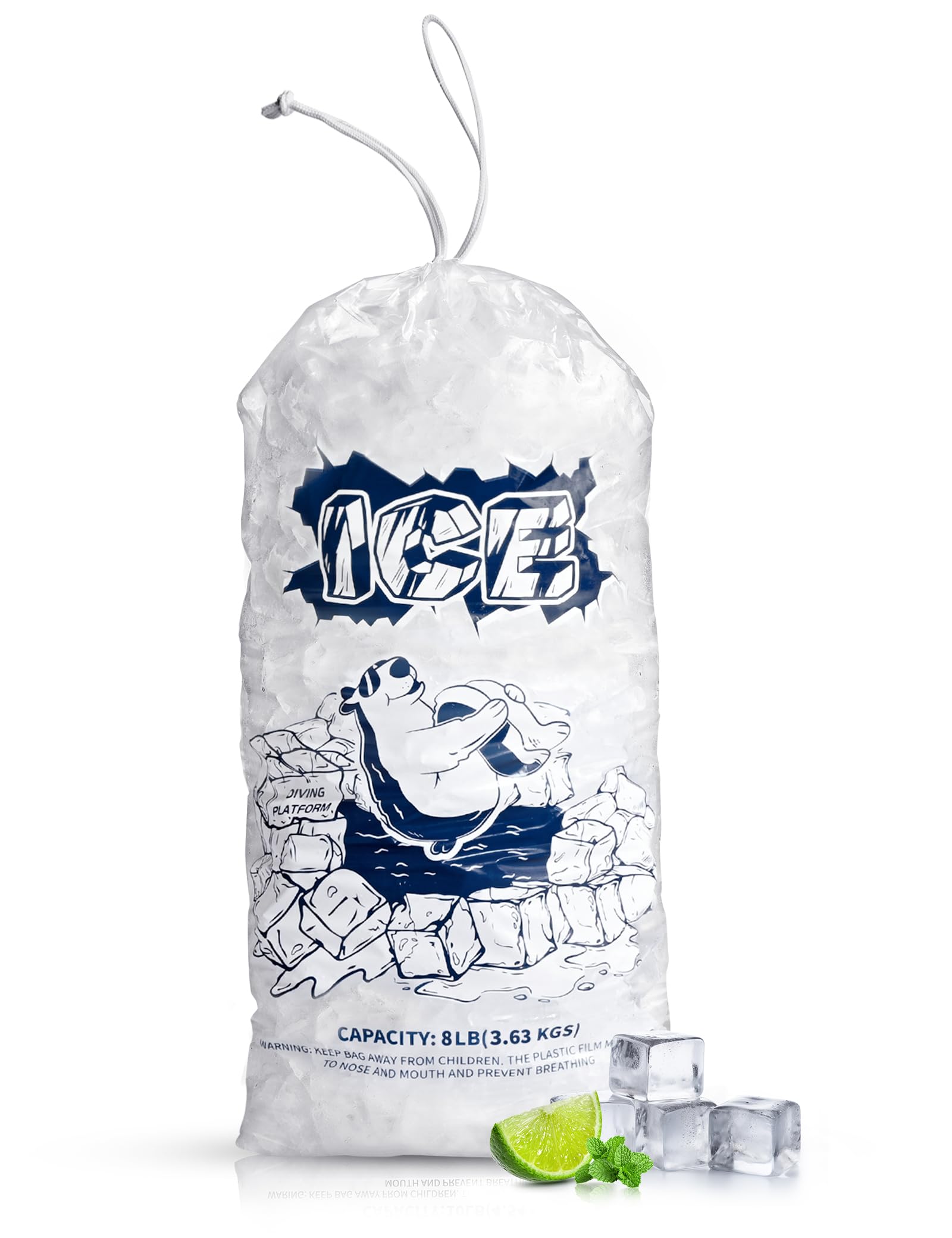 FireKylin Ice Bags 8lb with Drawstring,100 Pack Plastic Ice Bags for Ice Storage