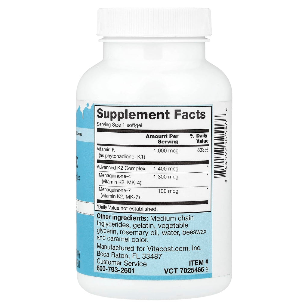 Vitacost Ultra Vitamin K Includes Advanced K2 Complex, 180 Softgels