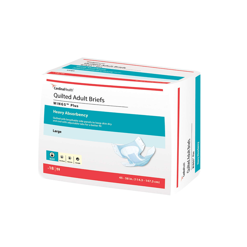 Cardinal Health 66034 Quilted Adult Briefs, Wings Plus, Heavy Absorbency, Large, Case of 4 Bags of 18