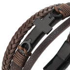 COOLSTEELANDBEYOND Men's Brown Layered Leather Bracelet With Black Cross Bar Centerpiece, Braided and Smooth Strap Design, Black Clasp Wristband, Modern Faith Style Accessory