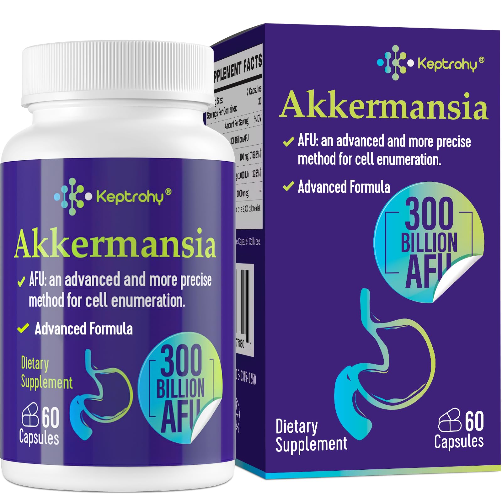 Keptrohy 300 Billion AFU Akkermansia Probiotic for Women & Men, Akkermansia Muciniphila for More Akkermansia Production, Digestive, Gut & Immune, Gut Digestive Lining Function, 60 Count