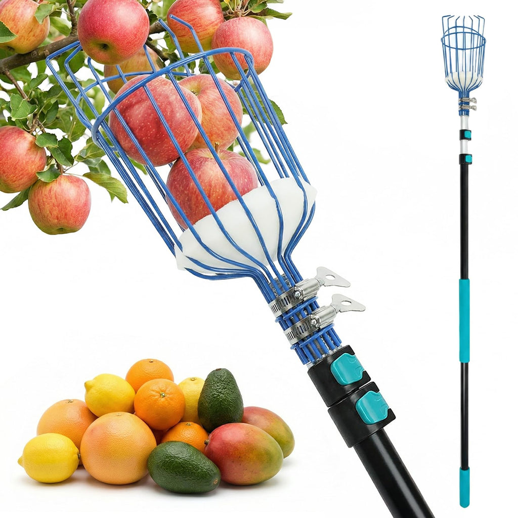 MAVRIZ 5-12ft Fruit Picker Pole with Basket, 20FT Reach Telescoping Apple Picker Extension Pole, Fruit Grabber for Harvesting Mango, Orange, Lemon, Avocado, Pear - Sturdy Aluminum Fruit Tree Picker
