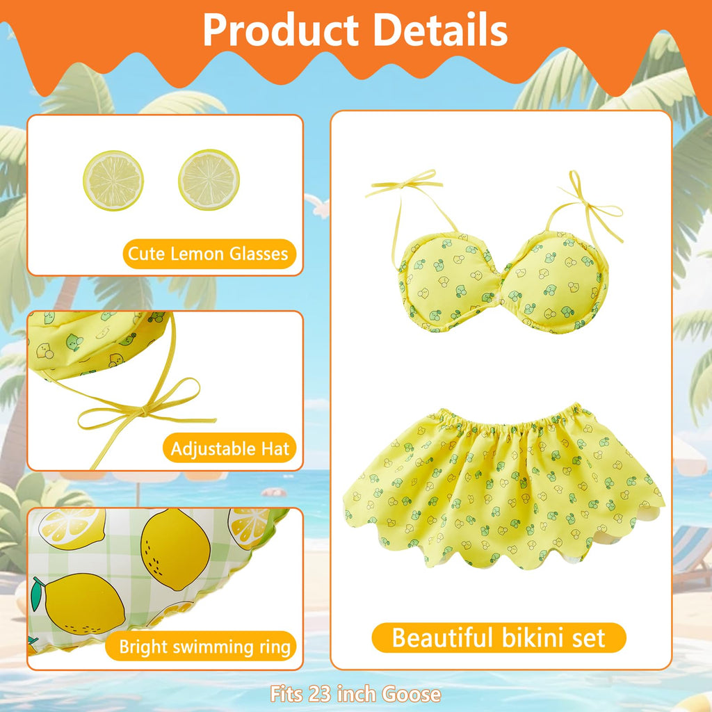 Summer Porch Goose Outfit Set for 23'' Cement Plastic Lawn Goose Statue,Funny Lemon Bikini Clothes with Inflatable Swim Ring, Sun Hat & Glasses, Cute Beach-Themed Decor for Outdoor Yard Statues