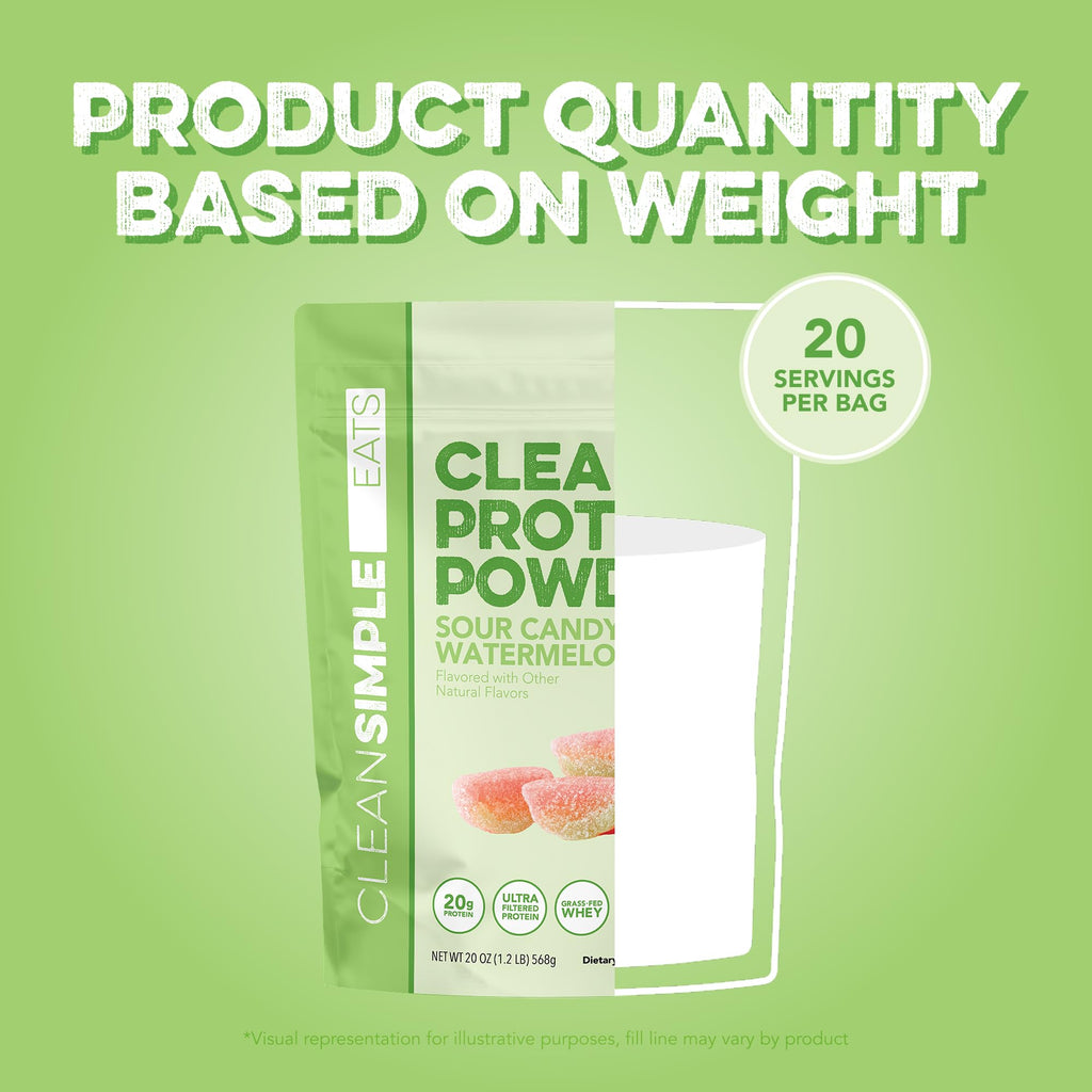Clean Simple Eats Clear Protein Drinks, 20g Grass Fed Whey Protein Isolate, Ultra Filtered, Light & Refreshing Beverage, Low Lactose, Sour Candy Watermelon, 20 Servings