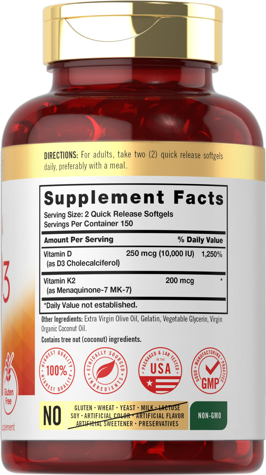 Carlyle Vitamin K2 D3 Supplement | 300 Softgels | 200mcg K2 MK7 & 10,000 IU D3 | Non-GMO, Gluten Free