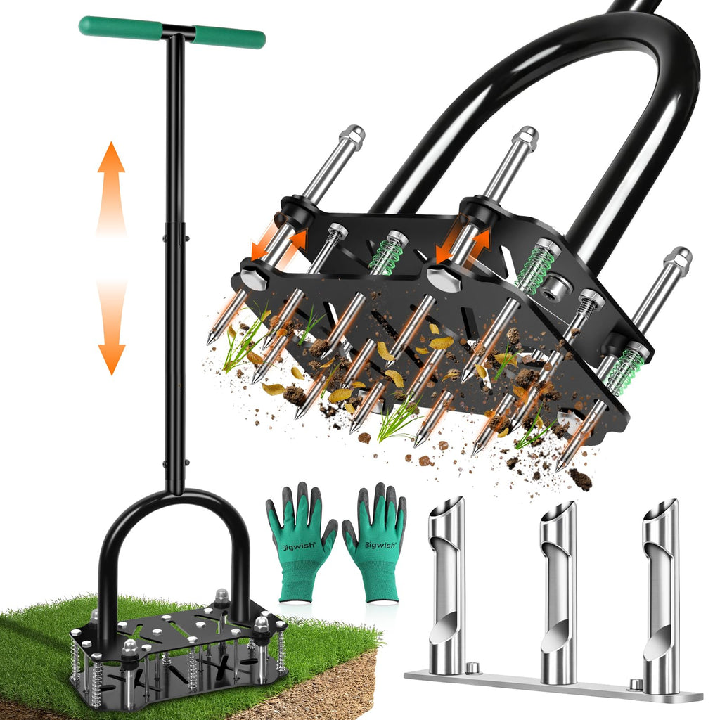 Bigwish 2-in-1 Lawn Aerator Tool with Interchangeable Spike & Plug Core Heads, Manual Lawn Aerator with Adjustable Handle, Heavy Duty Yard Aerator for Soil Loosening Lawn Care Garden Yard