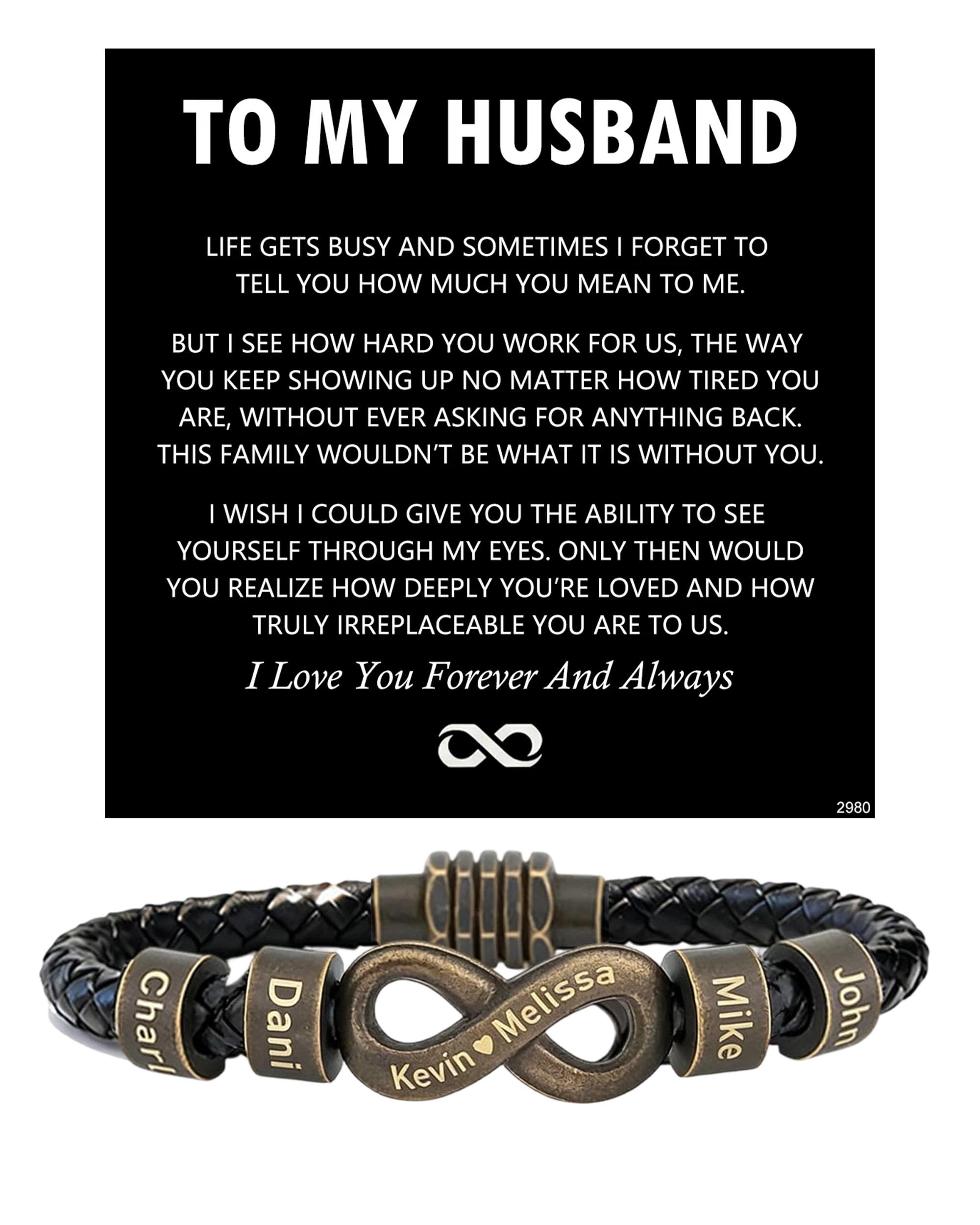 ziella Personalized Infinity Bracelet for Husband, Custom Braided Leather Bracelet with Engraved Name Beads, Anniversary Birthday Gift (9inch, Irreplaceable)