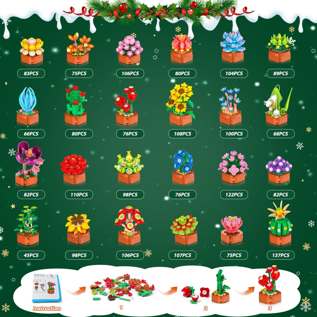 HOGOKIDS Advent Calendar 2025 Flowers Mini Building Set for Kids Adults - 24 Day Succulent Flower Christmas Countdown Calendar 3.6MM Blocks Toys, Xmas Gift Box Set for Boys Girls Women Men Age 10+