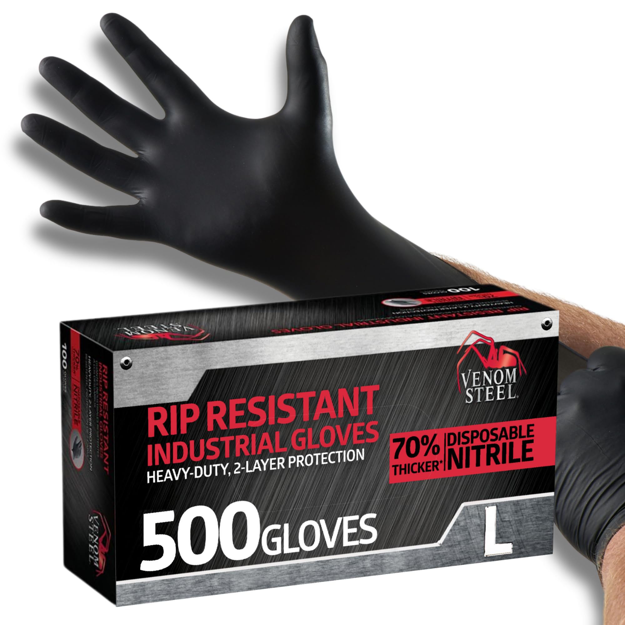 Venom Steel Industrial Nitrile Gloves, Chemical Resistant Disposable Black Gloves, Latex-Free, Powder-Free, Textured Grip, Heavy Duty Two-Layer Protection, 6 mil, Large (Pack of 500)