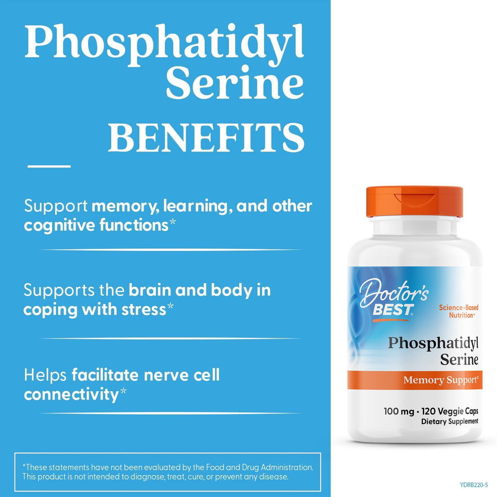 Doctor's Best Phosphatidylserine Supplement 100 mg - Phosphatidyl Serine Capsules for Men & Women, Memory & Cognitive Support for Adults, Supports Brain Health, Gluten Free, Vegan - 120 Veg Caps