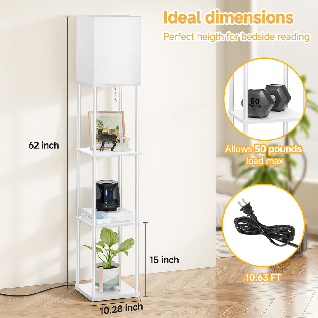 SHINE HAI Floor Lamps with Shelves for Living Room, 3-Tier Square Modern Standing Lamp with 3CCT Bulb, 11W 950LM Brightness, Tall Shelf Lamp for Bedroom, Office, Bookshelf & Display Organizer