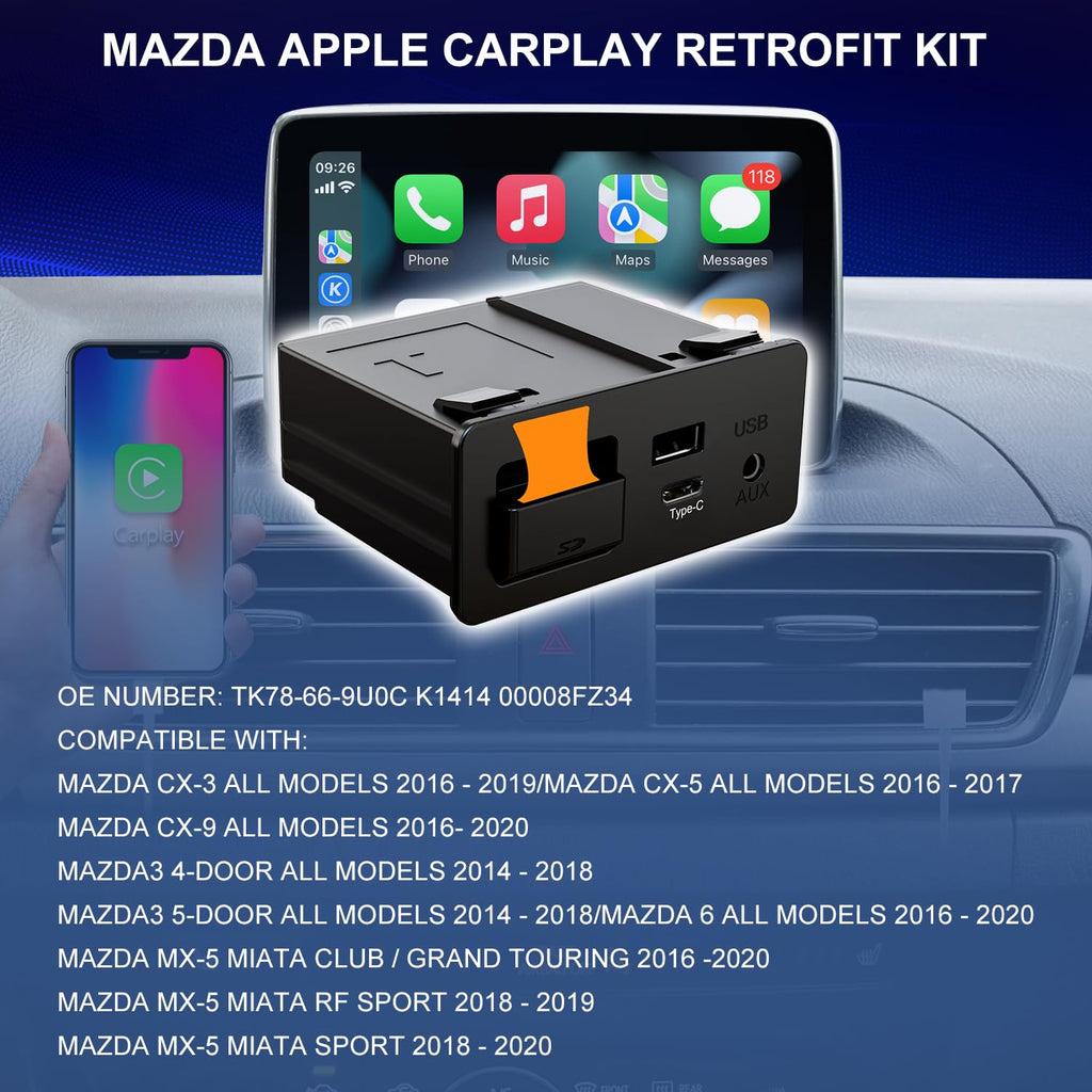Mazda Type-C Wireless Carplay Retrofit Kit, TK78-66-9U0C OEM Media Hub to MZD Connect System, Compatible with Mazda 2/3/6/CX3/CX5/CX9/MX5 2015-2020 (Only Supporting Wireless Carplay, NO Android Auto)