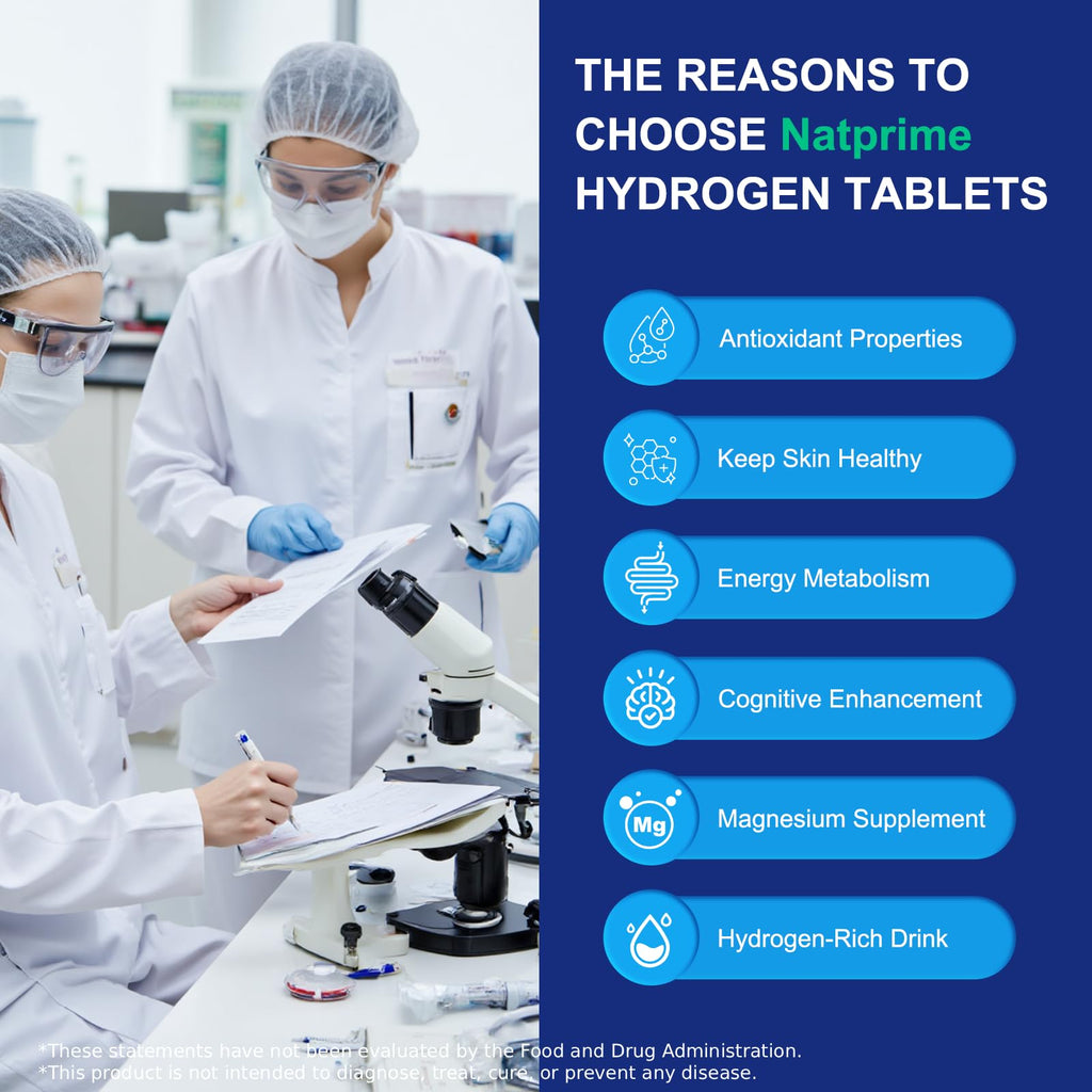 Natprime Hydrogen Water Tablets - H2 Molecular Hydrogen Tablets for Drinking Water with Magnesium, 12 PPM Mineral Supplements for Antioxidant, Mental Clarity, Cognitive, Recovery & Energy - 90 Counts