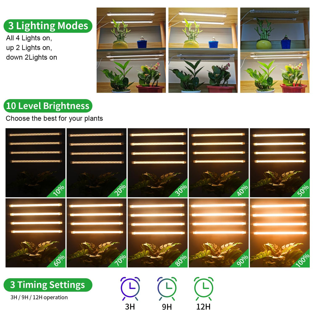 RWNTAO LED Plant Growing Lamp Strips, Full Spectrum 3500K Grow Light for Indoor Plants with 3/9/12H Timer and 10 Dimmable Levels for Green House Hydroponics Succulent, 4 Head 13 Inches