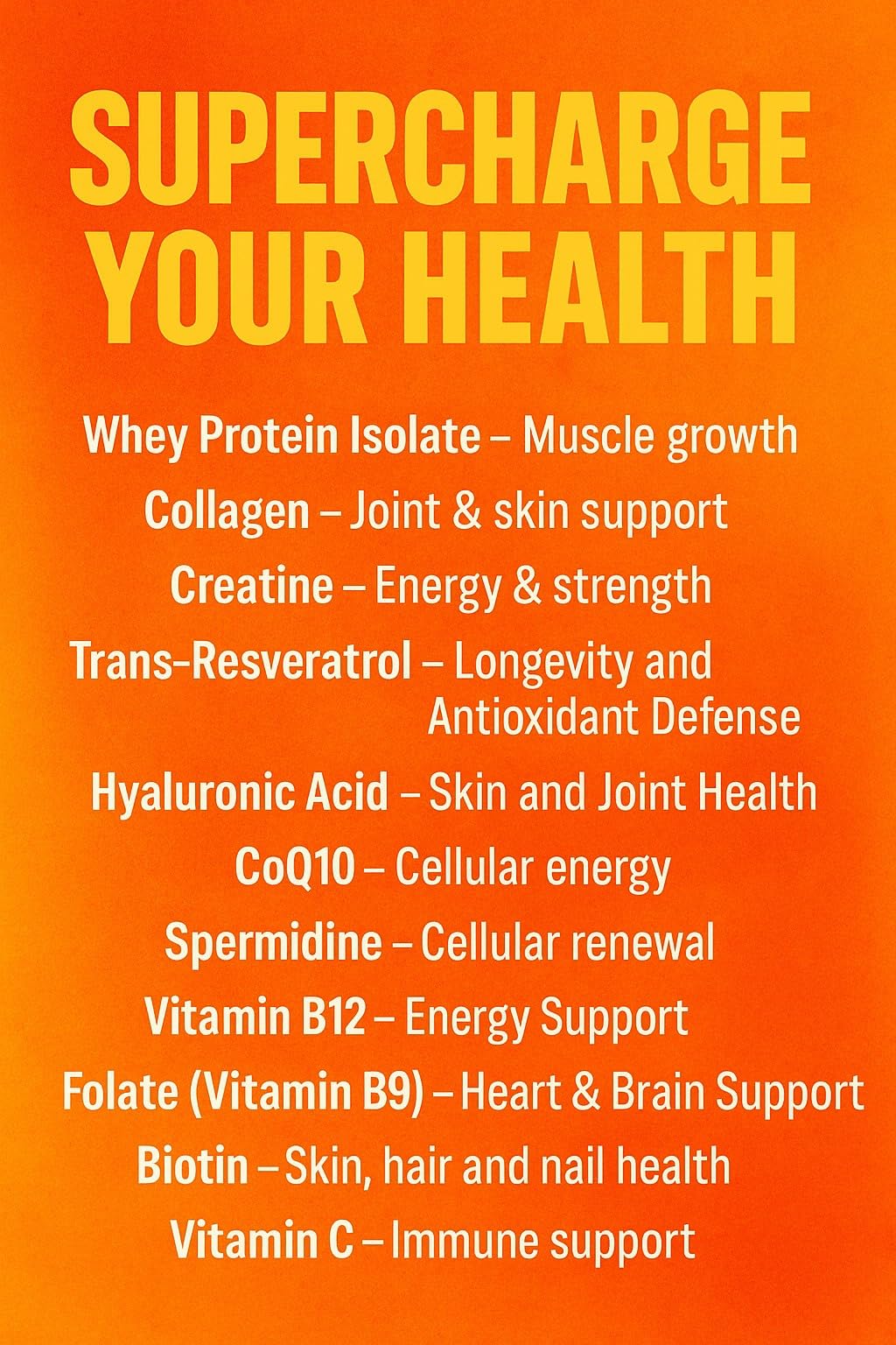 Vital Nutrition and Health All-in-One Powder: Protein, Collagen, Creatine, Resveratrol, Spermidine, Hyaluronic Acid, CoQ10 + Key Vitamins