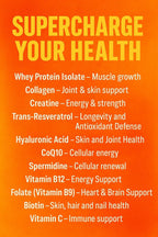 Vital Nutrition and Health All-in-One Powder: Protein, Collagen, Creatine, Resveratrol, Spermidine, Hyaluronic Acid, CoQ10 + Key Vitamins