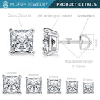 18K White Gold Plated Princess Cut Cubic Zirconia Screw Back Stud Earring Pack of 5 Pairs (5 Pairs)