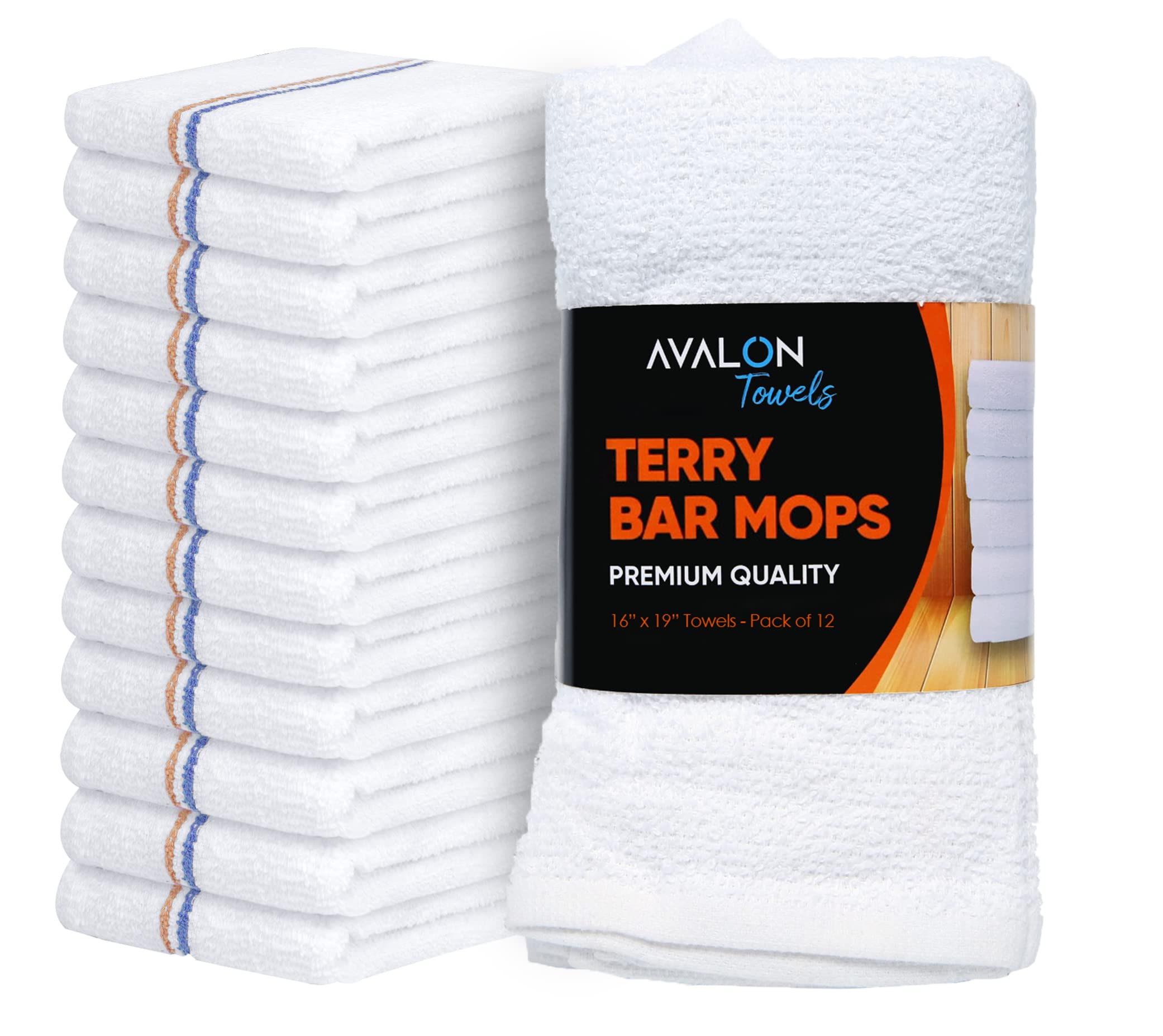 Avalon Towels Terry Bar Mop Towels (Value Pack of 12) Size 16"x19" – Absorbent and Durable, Multipurpose Cleaning Rags, Cotton Cleaning Cloths, Terry Cloth Rags, Reusable Shop Rag