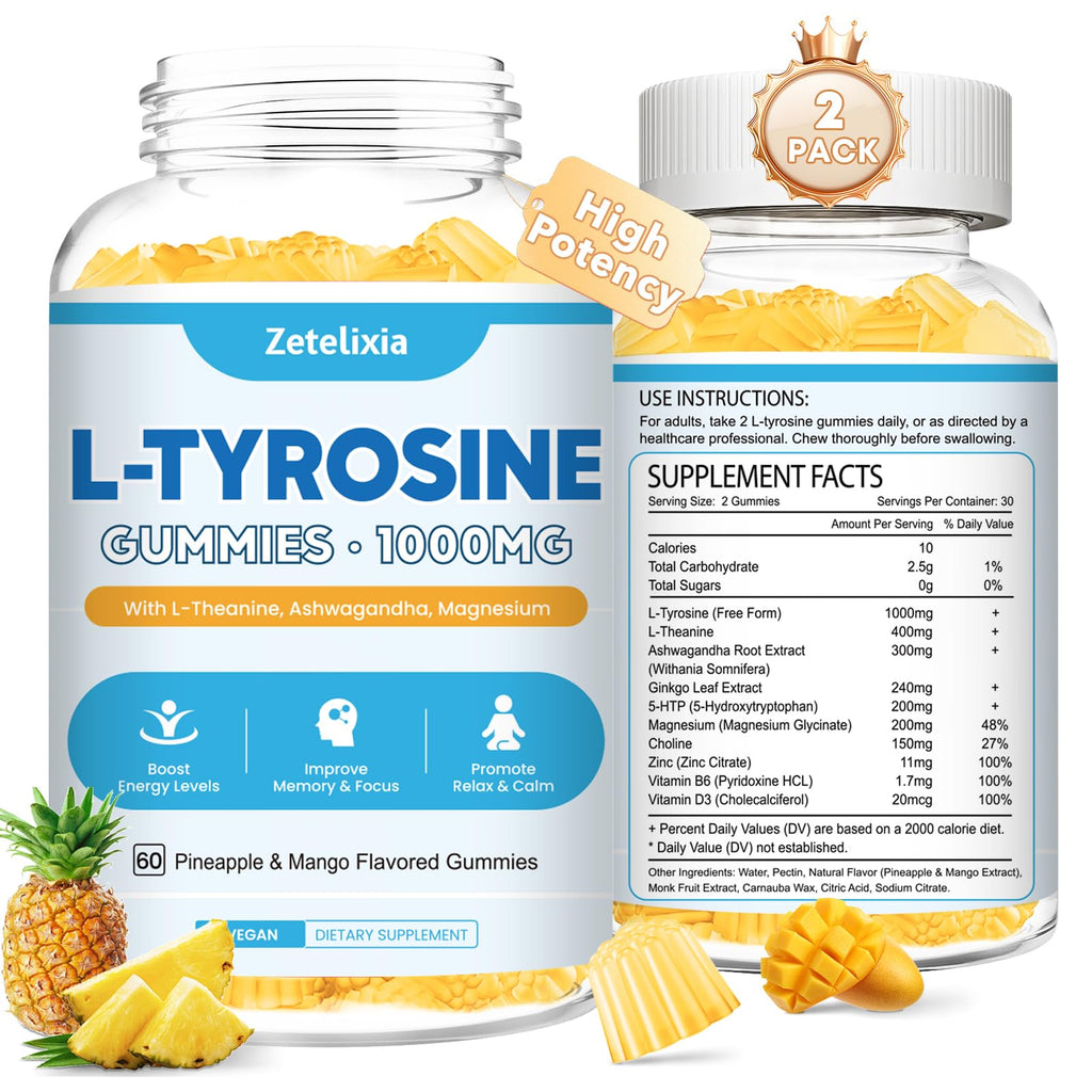 L Tyrosine Gummies, 2 Pack L-Tyrosine Supplement, Tyrosine Gummies with L-Theanine B6 D3, Tyrosine Supplement for Brain, Memory, Energy, Mood for Adult & Kids, Pineapple & Mango Flavor, 120 Ct