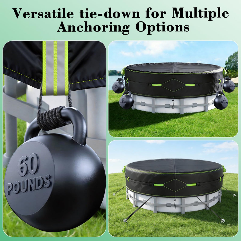 12Ft Round Pool Cover for Above Ground Pools, Safety Solar Pool Covers with Reflective Strips, Rope and Luminous Nails, Upgraded Thicker Oxford, PU Tarp Snug, UV Protected, Windproof, Tear Resistant