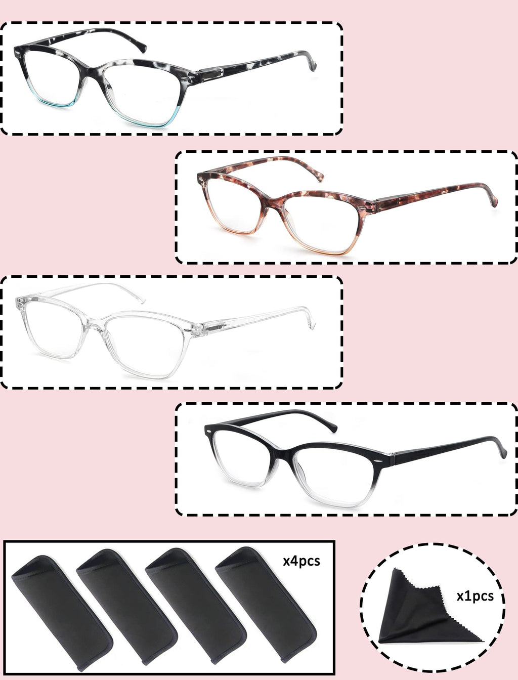 OLOMEE Reading Glasses Women Ladies Readers +0.75 Stylish Women's Magnifying Cheaters Glasses 4 Pack Lightweight Comfortable Fit