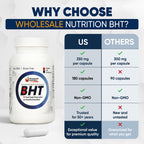 Wholesale Nutrition BHT - 250mg Potent Antioxidant - Non-GMO, Gluten-Free - Enhance Oil/Fat Preservation - Pure Butylated Hydroxytoluene for Foods/Oils - 180 Capsules