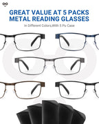 JOLISU 5PCS Reading Glasses Men - Blue Light Blocking Computer Metal Thin Frame Readers For Mens/Women W/Case（2.00）