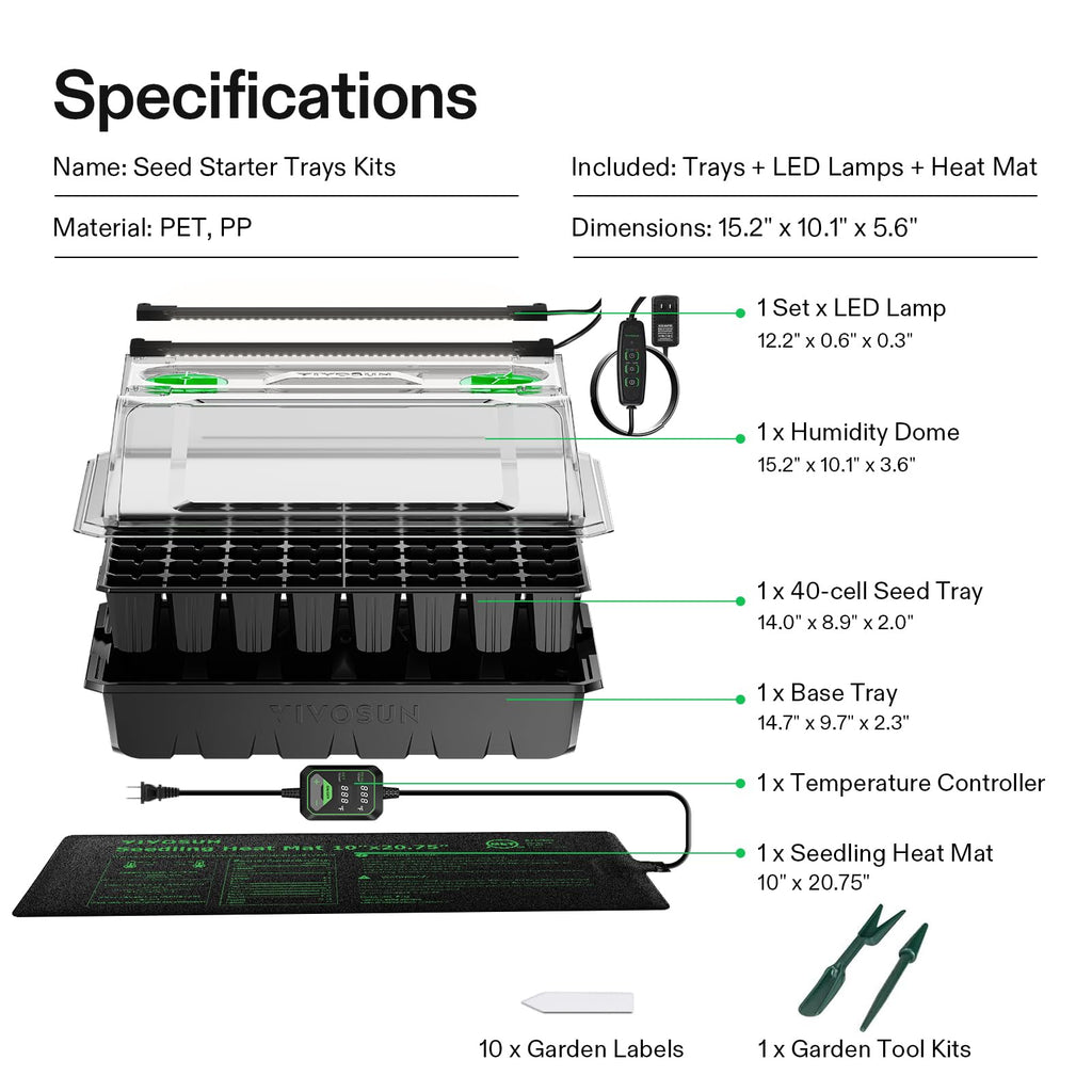 VIVOSUN 1-Pack Seed Starter Kit, 40-Cell Tray, LED Lights and Heat Mat