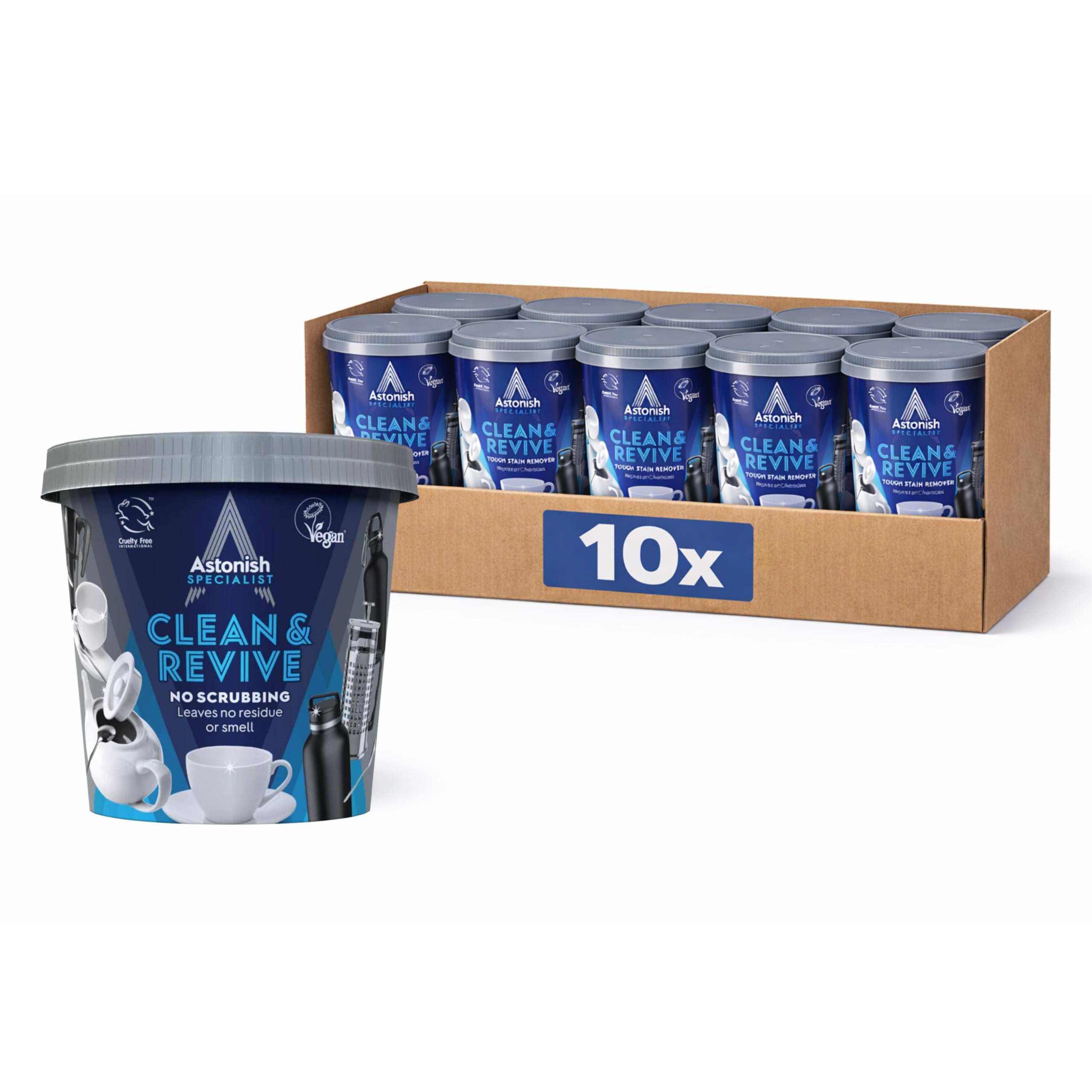 Descaling Foaming Powder | Tea & Coffee Mugs, Pots, Kettles & Stainless Steel | Dissolves Limescale & Eliminates Stains | Astonish Clean & Revive (Pack of 10)