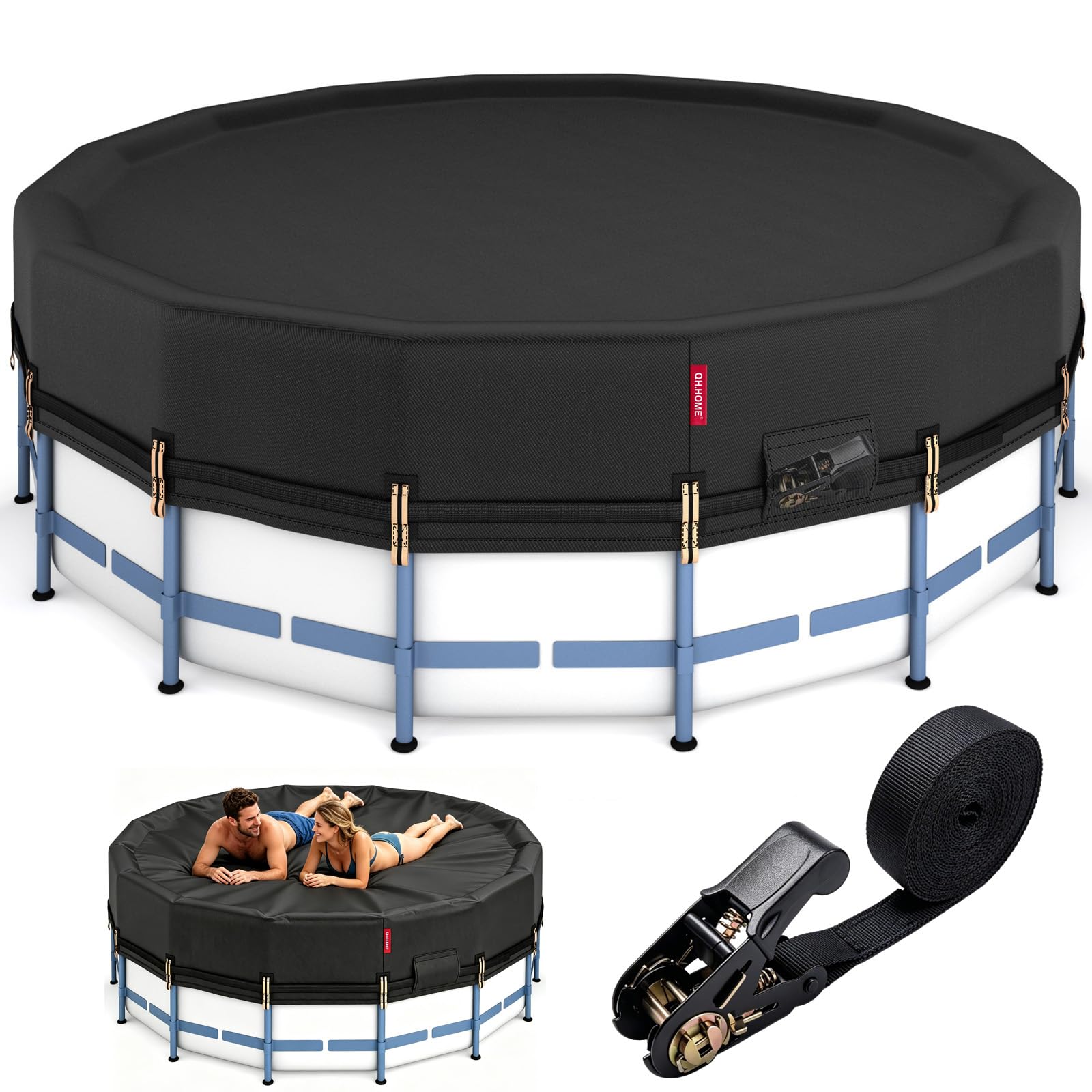 QH.HOME 16Ft Round Pool Cover,Super Windproof Ratchet Straps (1,500lb Break Strength)-Effective Installation/Removal,Pool Cover for Above Ground Pools,Snug Fit,Blocks Leaves, Sun & Water