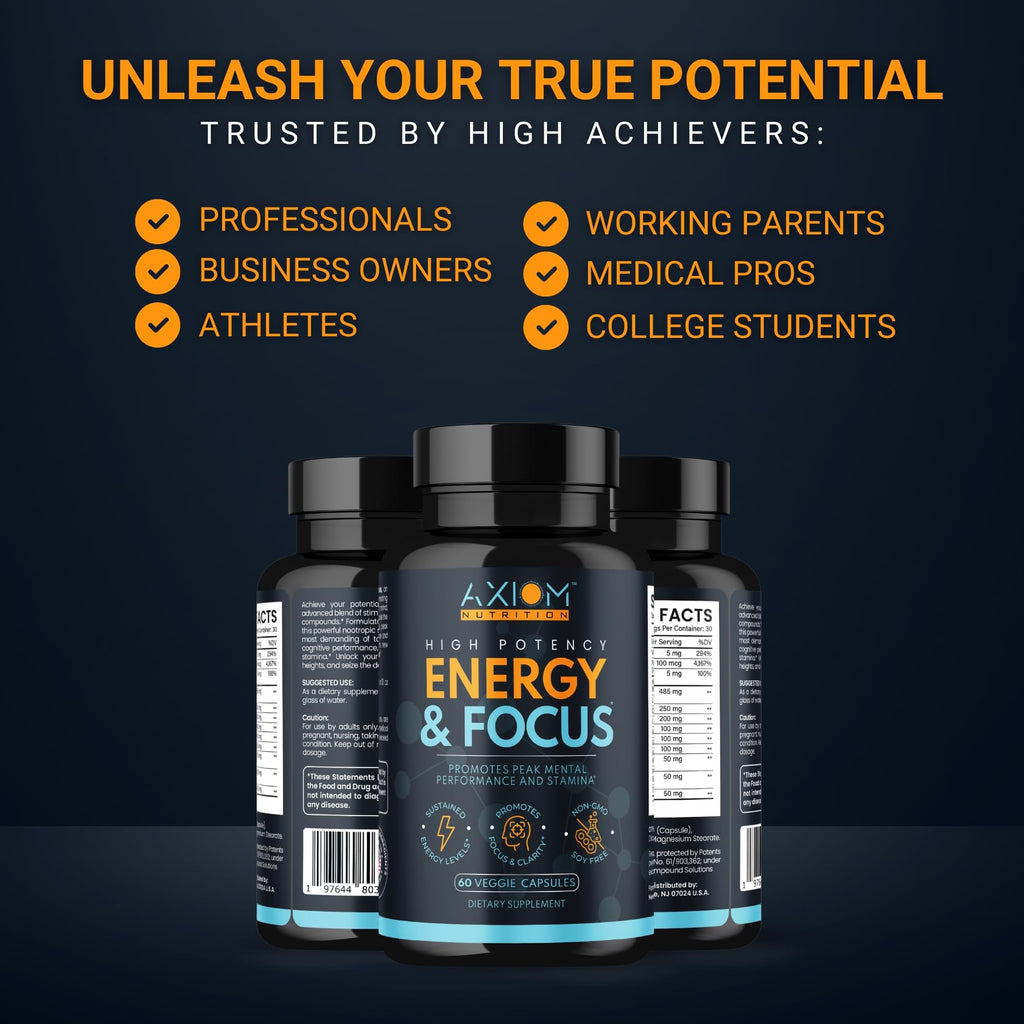 Axiom Nutrition Energy and Focus - Extra Strength 200mg Caffeine and Lions Mane Mushroom Supplement, 60 Capsules - with Alpha GPC, L-Theanine, L-Tyrosine to Support Brain Function and Concentration