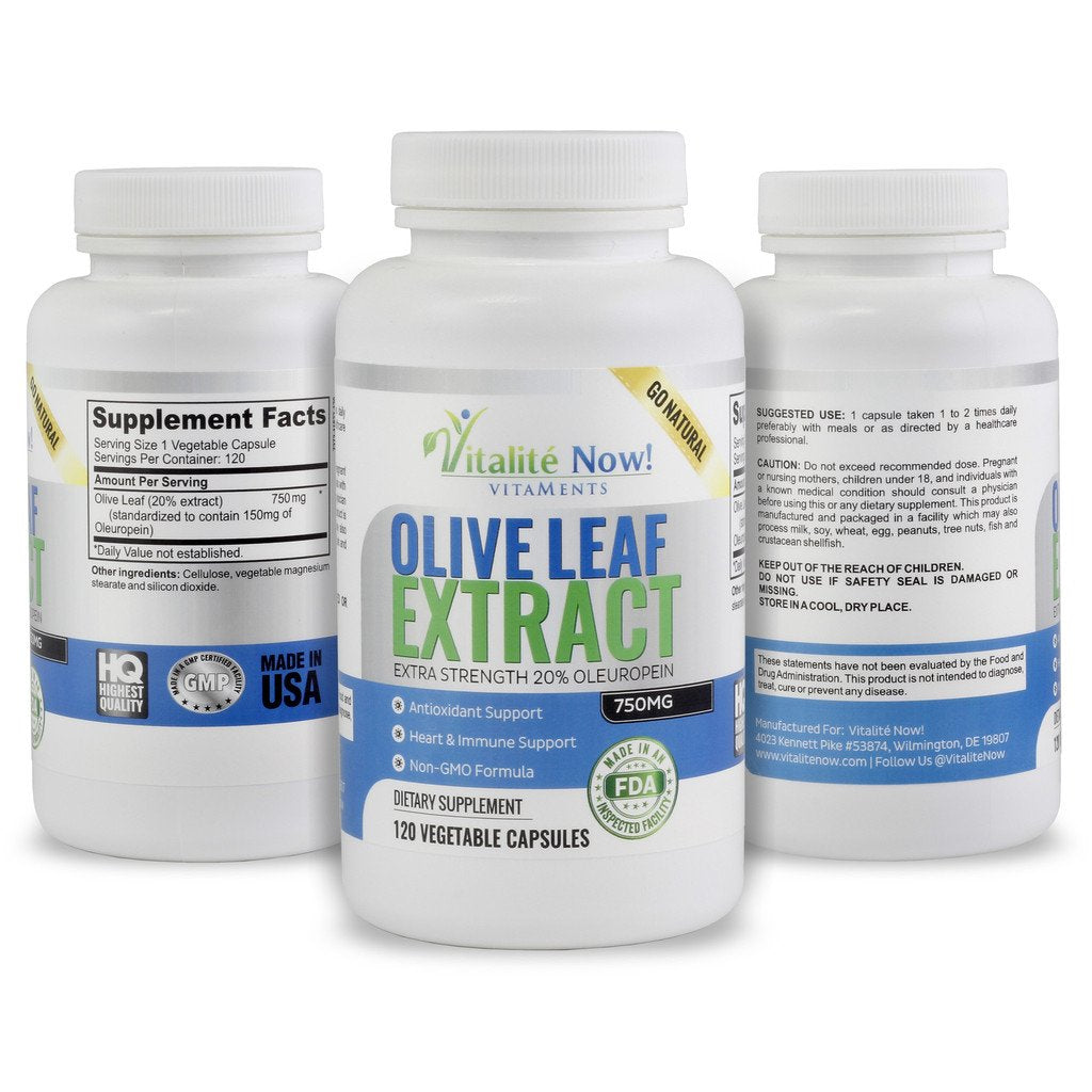 Vitalité Now! Super Strength Best Olive Leaf Extract (Non-GMO) - 20% Oleuropein - Immune Support Supplement - Up to 4 Months - 750mg Capsules - Vegetarian - 120 Count