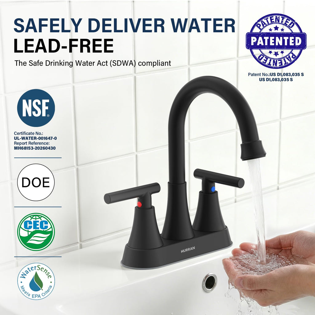Bathroom Faucets for Sink 3 Hole, Hurran 4 inch Matte Black with Pop-up Drain and 2 Supply Hoses, Stainless Steel Lead-Free 2-Handle Centerset Faucet for Sink Vanity
