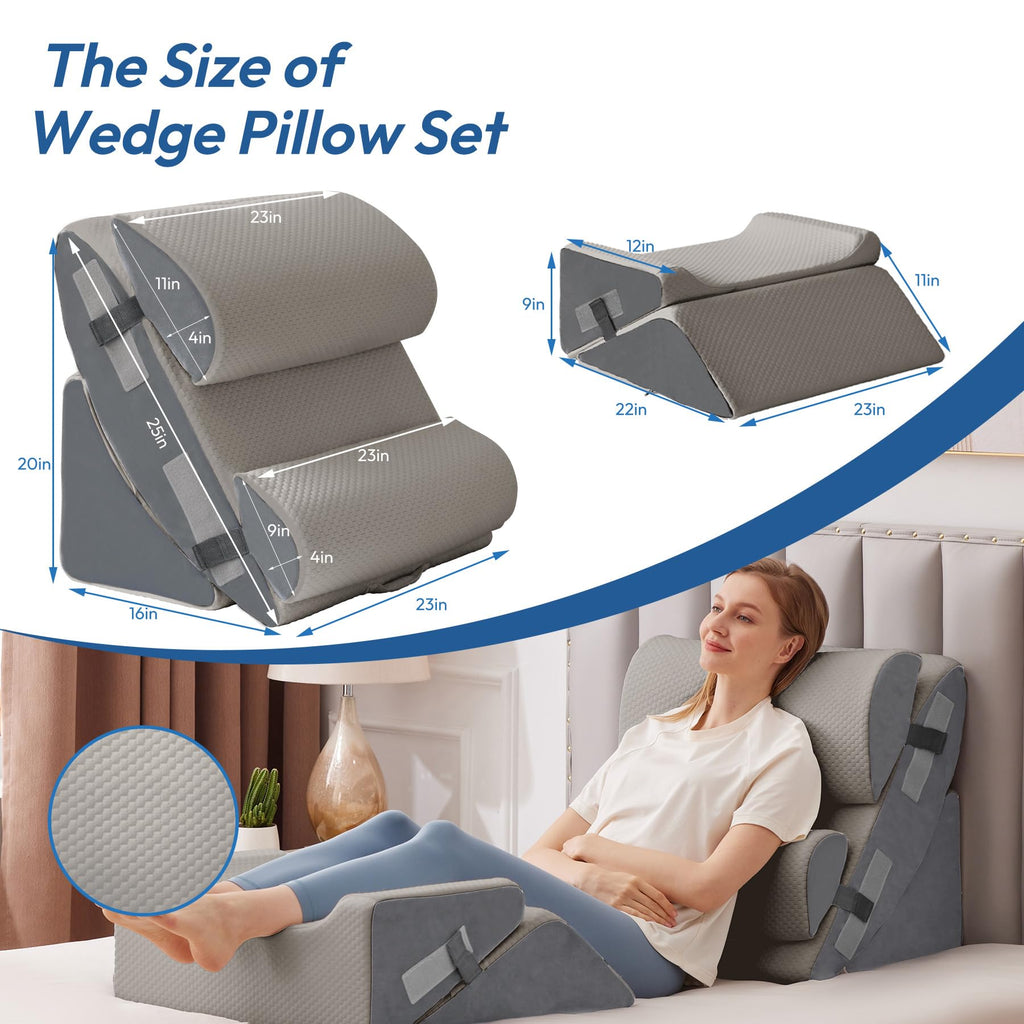 Ahpmeoa 6PCS Wedge Pillow Set for After Surgery, Back Pillow for Bed Sitting Up, Orthopedic Bed Wedge for Body, Leg Pain Relief, Memory Foam Pillow for Post Surgery, Sleeping, Acid Reflux, Gerd, Grey