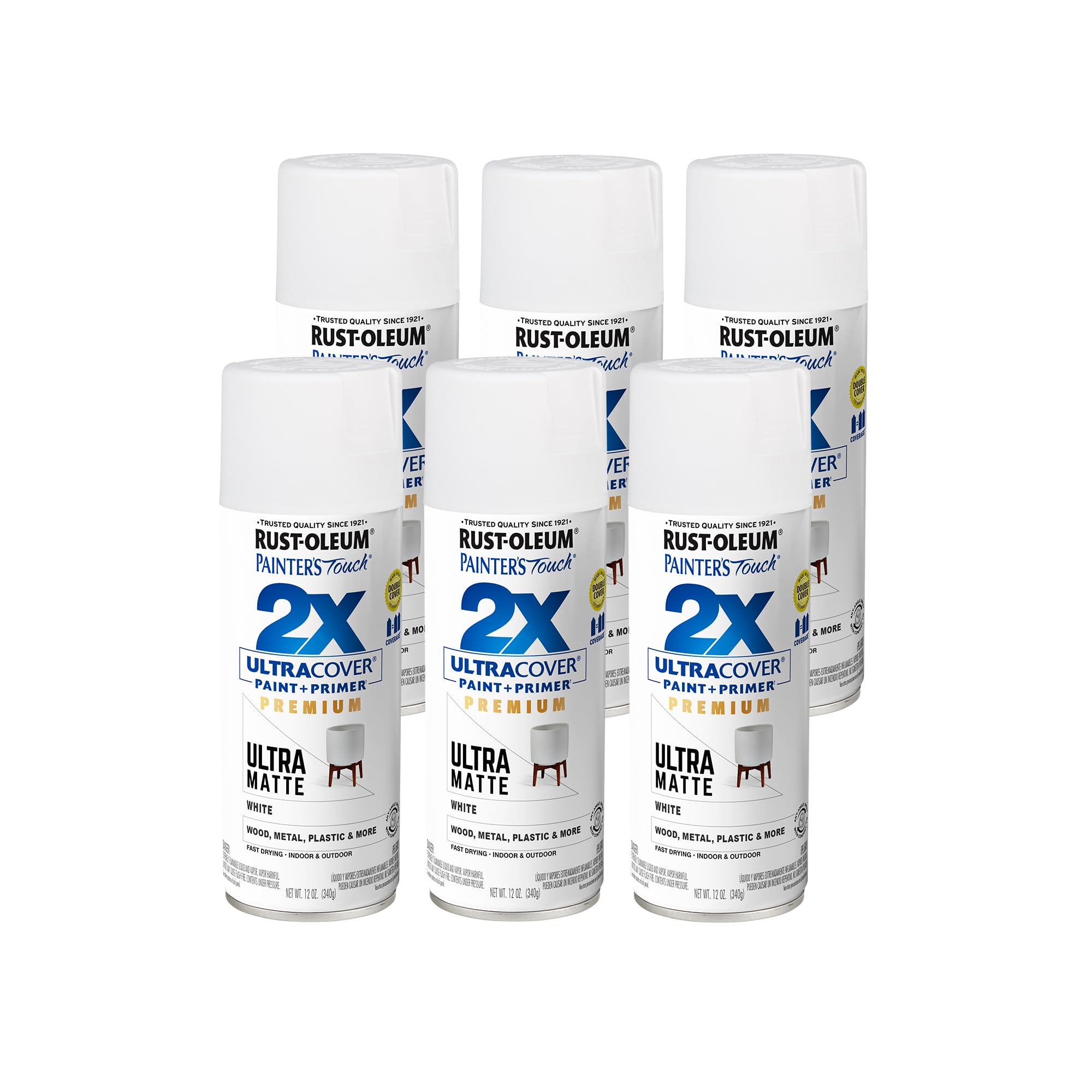 Rust-Oleum 331181-6PK Painter's Touch 2X Ultra Cover Spray Paint, 12 oz, Ultra Matte White, 6 Pack