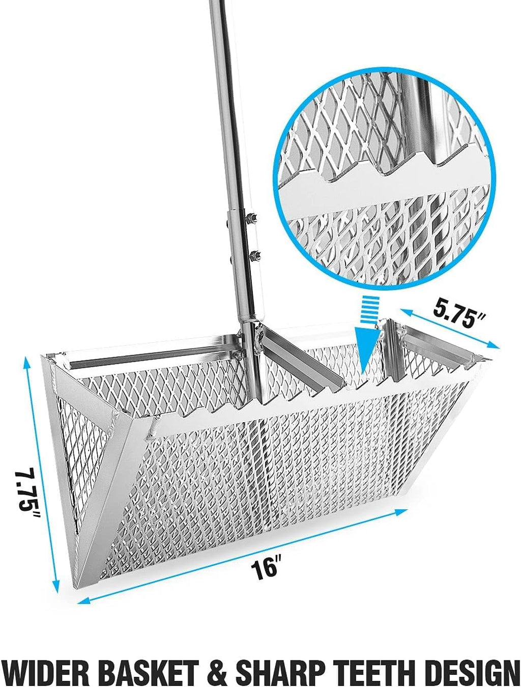 Exact Design Sand Flea Rake,16-Inches Wide Basket, 52” Long Strong Assembly Handle, Sharp Teeth, Curved Handle Design [3 Pieces Assembly Handle Version]