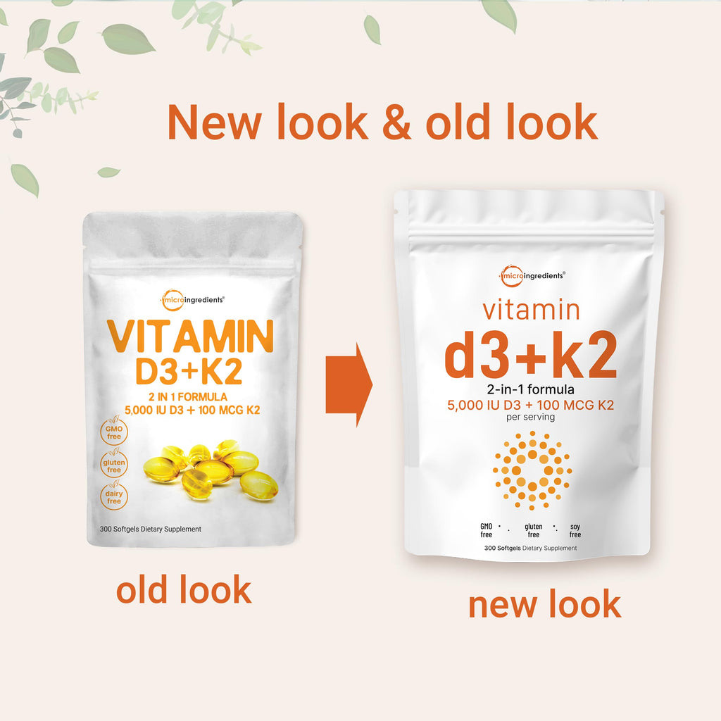 Micro Ingredients Vitamin D3 5,000 IU + K2 MK-7 100 mcg, 2 Pack (600 Softgels) | Liquid-Filled with Sunflower Oil | 2-in-1 Vitamins D & K Complex | Extra Strength, Easy to Swallow, Non-GMO, No Gluten
