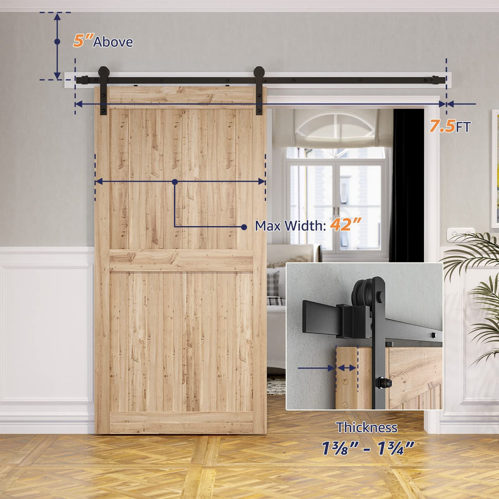 SMARTSTANDARD 7.5ft Barn Door Hardware Kit, Sliding Door Hardware, Heavy Duty, Smooth & Quiet, Easy to Install, Fit 42"-45" Wide Door Panel (I Shape Hanger)