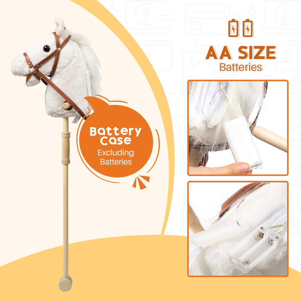 HollyHOME Stick Horse Plush Handcrafted Hobby Horse on a Stick with Wood Wheels Real Pony Neighing and Galloping Sounds for Kids Toddlers White 36 Inches(AA Batteries Required)