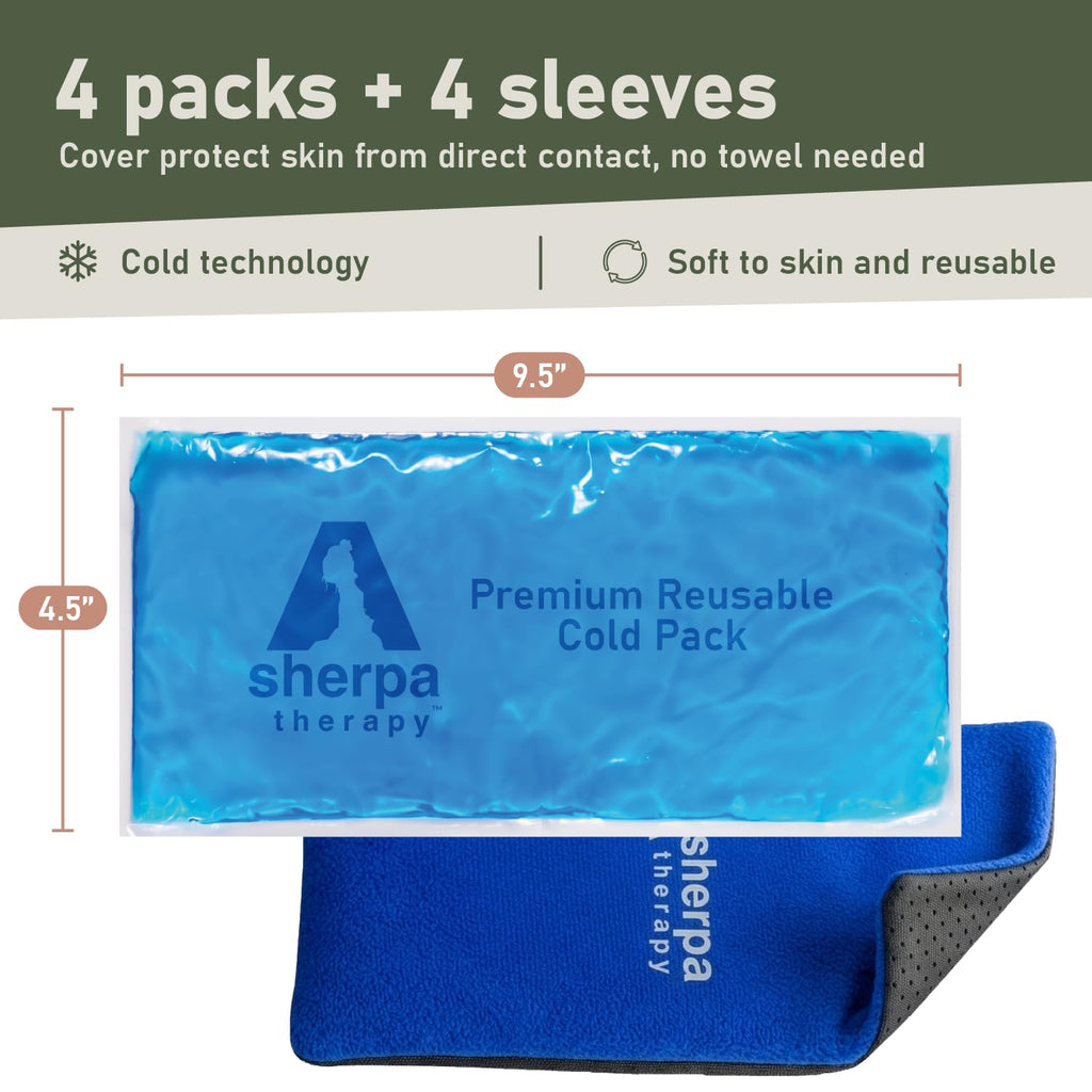 SHERPA THERAPY 4PK Flexible Gel Ice Packs for Injuries Reusable - Gel Ice Pack Cold Compress for Knee, Back, Neck, Wrist, Hand, Elbow, Ankle Pain Relief - 9.5" x 4.5"