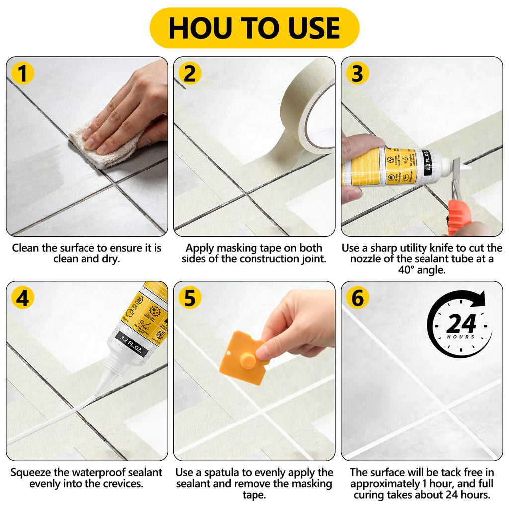LISRUX Advanced White Silicone Caulk for Kitchen & Bathroom - 6 Pack (3.2 Fl Oz Each) | 100% Waterproof Silicone Sealant | Super Strong Adhesion, Shrink & Crack Proof
