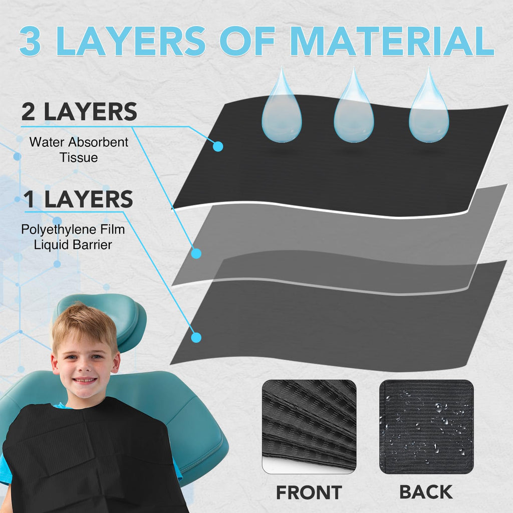 480 Pack Disposable Dental Bibs 13"x18", 3-Ply Waterproof Tattoo Bibs Sheet for Nail Salon, Dental Clinic, Feeding, Tattoo Shop (Black)