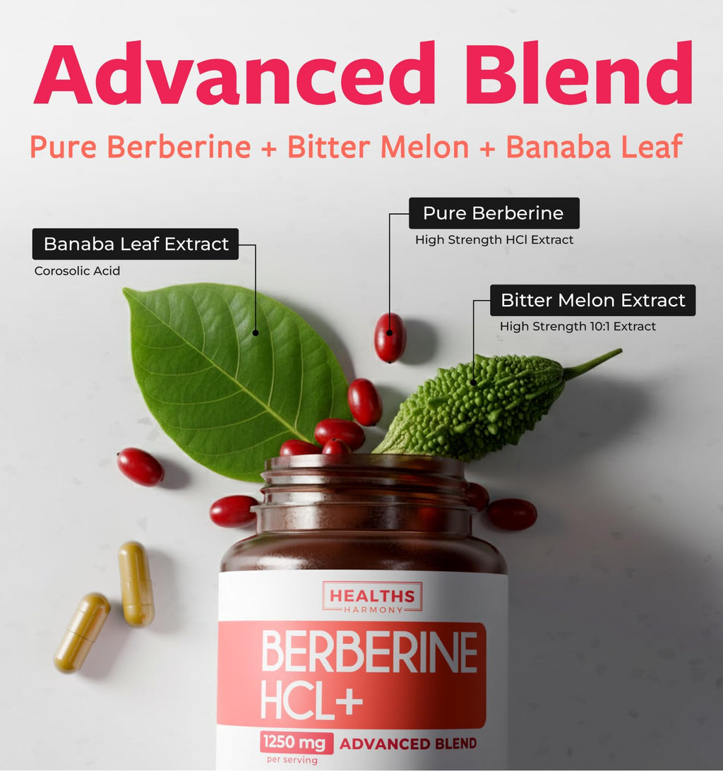 Berberine Supplement (Non-GMO & Vegetarian) Berberine HCL Plus Bitter Melon & Banaba Leaf Extract Capsules - Berberine 500mg Each, 1000mg Per Serve - AMPK Metabolic Activator - 60 Caps (No Pills)