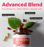 Berberine Supplement (Non-GMO & Vegetarian) Berberine HCL Plus Bitter Melon & Banaba Leaf Extract Capsules - Berberine 500mg Each, 1000mg Per Serve - AMPK Metabolic Activator - 60 Caps (No Pills)