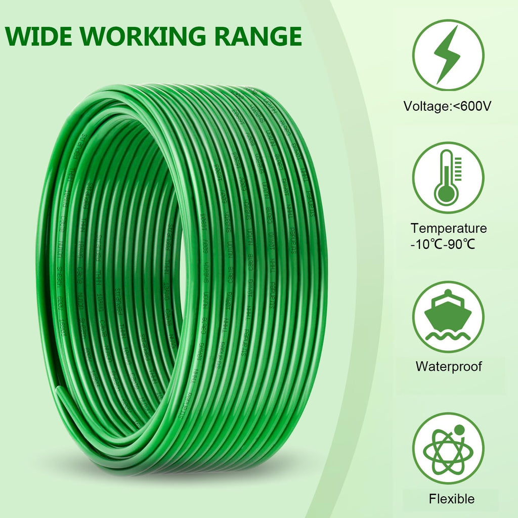 THHN Wire 10 Gauge 100 FT, 10 AWG Stranded OFC Copper Electrical Building Wire with Nylon Jacket PVC Insulation, Rated 600V for Residential, Industrial, CNC, Ground (10 Gauge, Green)